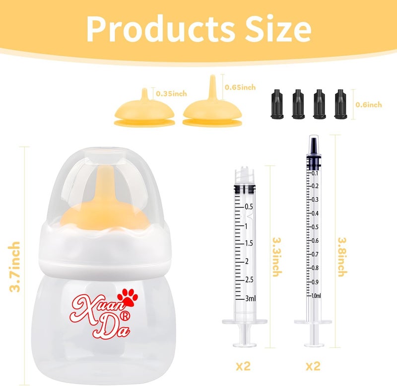 Xuanda Pet Feeding Bottle and Syringes,60ml Nursing Bottle, 3 Sizes Nipples with Ventilation Valve Resistant Tearing Perfect for Puppies, Kittens, Small Wildlife (Yellow) - Image 2